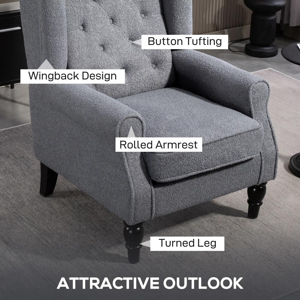 HOMCOM Wingback Accent Chair, Retro Upholstered Button Tufted Occasional Chair for Living Room and Bedroom, Grey Additional View 5