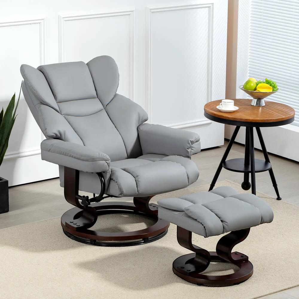 HOMCOM 360&deg; Swivel Recliner Chair with Footstool, PU Leather Manual Recliner Armchair with Footstool, Solid Wood Base, Upholstered Reclining Chair for Living Room, Office Additional View 2
