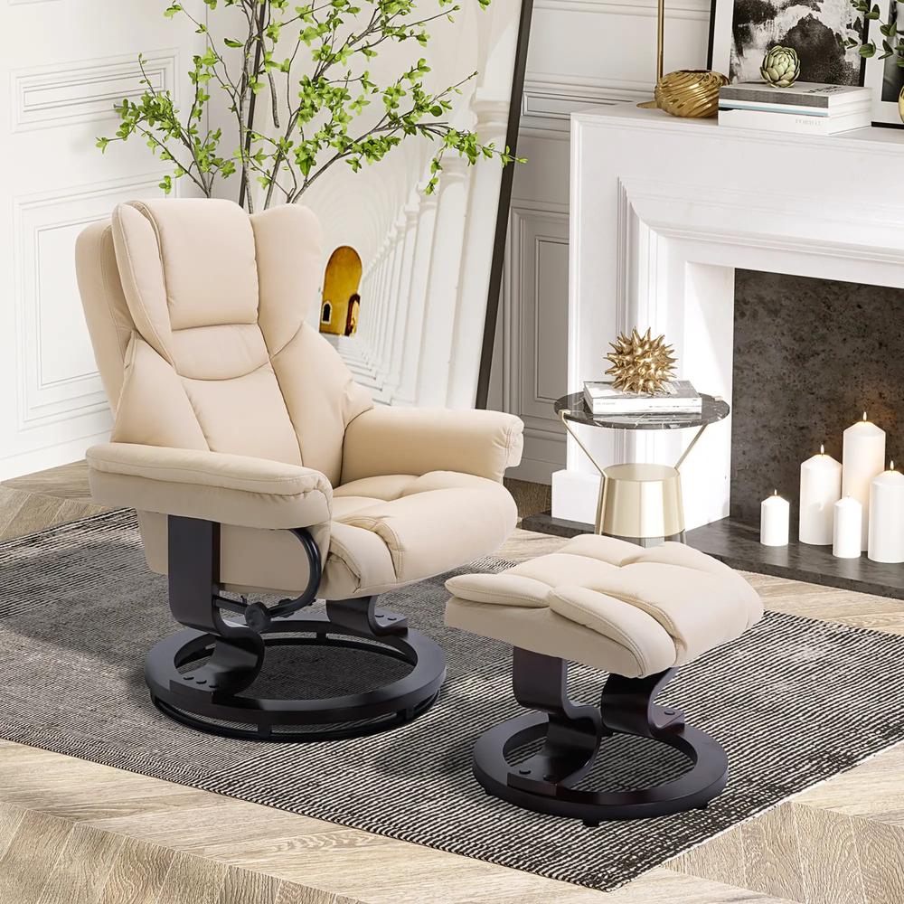 HOMCOM 360&deg; Swivel Recliner Chair with Footstool, PU Leather Manual Recliner Armchair with Footstool, Solid Wood Base, Upholstered Reclining Chair for Living Room, Office Additional View 23