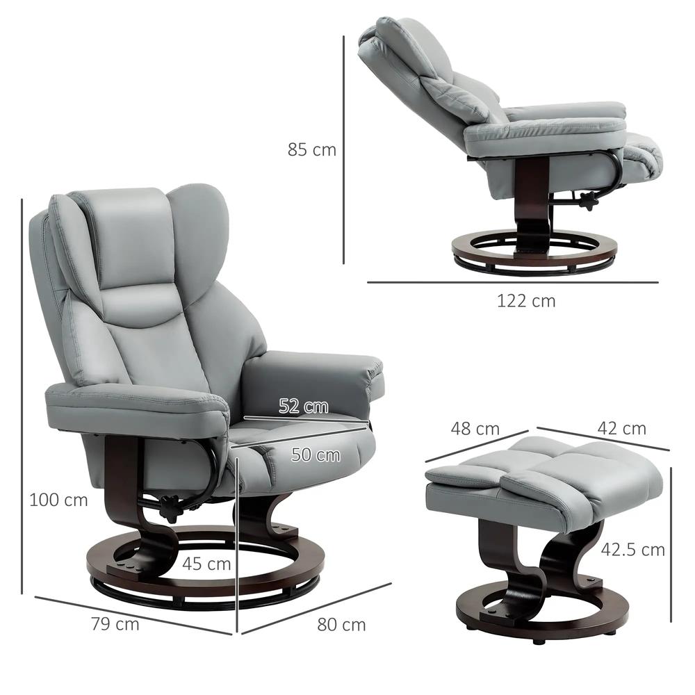 HOMCOM 360&deg; Swivel Recliner Chair with Footstool, PU Leather Manual Recliner Armchair with Footstool, Solid Wood Base, Upholstered Reclining Chair for Living Room, Office Additional View 3
