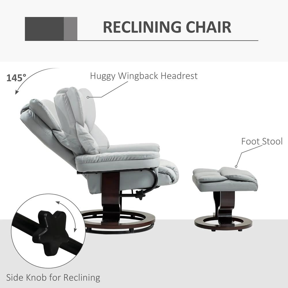 HOMCOM 360&deg; Swivel Recliner Chair with Footstool, PU Leather Manual Recliner Armchair with Footstool, Solid Wood Base, Upholstered Reclining Chair for Living Room, Office Additional View 4