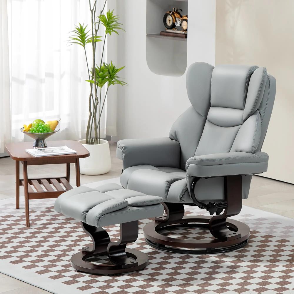HOMCOM 360&deg; Swivel Recliner Chair with Footstool, PU Leather Manual Recliner Armchair with Footstool, Solid Wood Base, Upholstered Reclining Chair for Living Room, Office Additional View 10