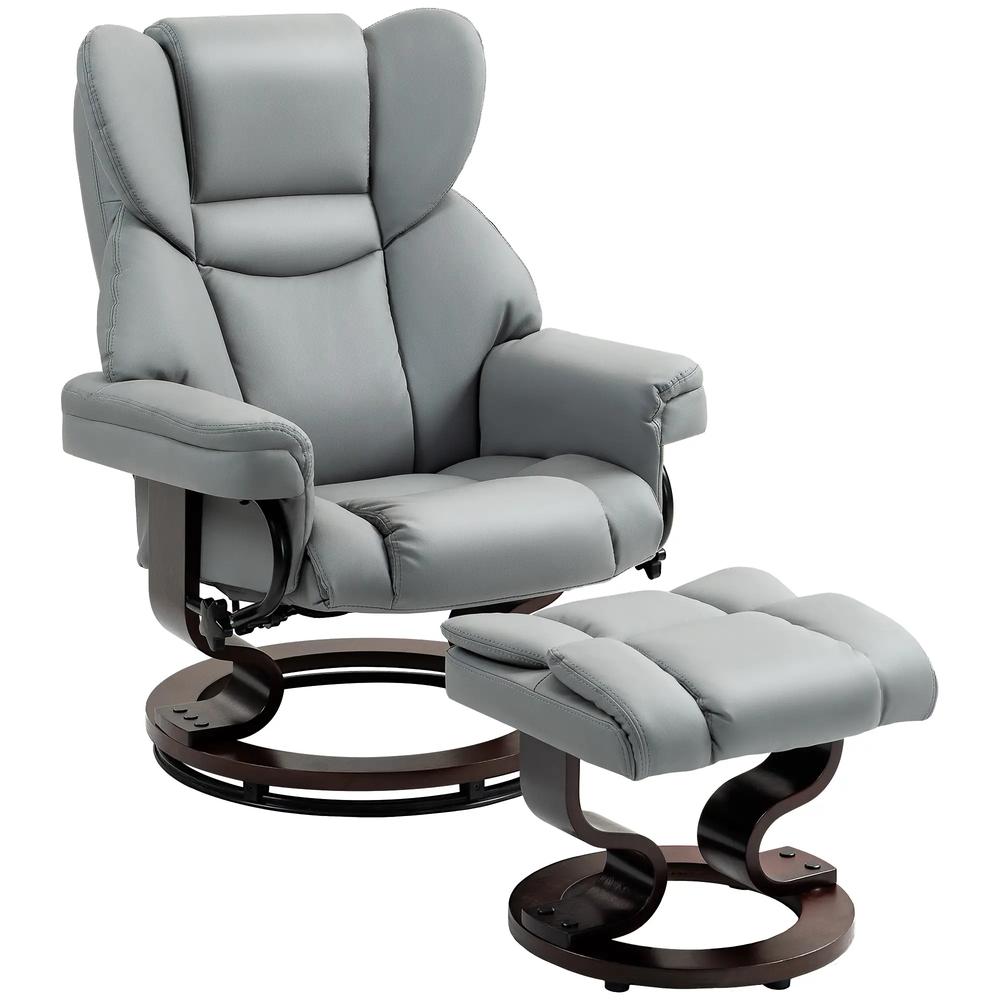 HOMCOM 360&deg; Swivel Recliner Chair with Footstool, PU Leather Manual Recliner Armchair with Footstool, Solid Wood Base, Upholstered Reclining Chair for Living Room, Office