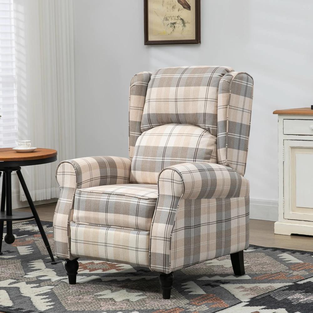 HOMCOM Wingback Recliner Armchair for Living Room, Pushback Reclining Chair with Round Armrests, Footrest and Rubber Wood Legs, Khaki Additional View 2