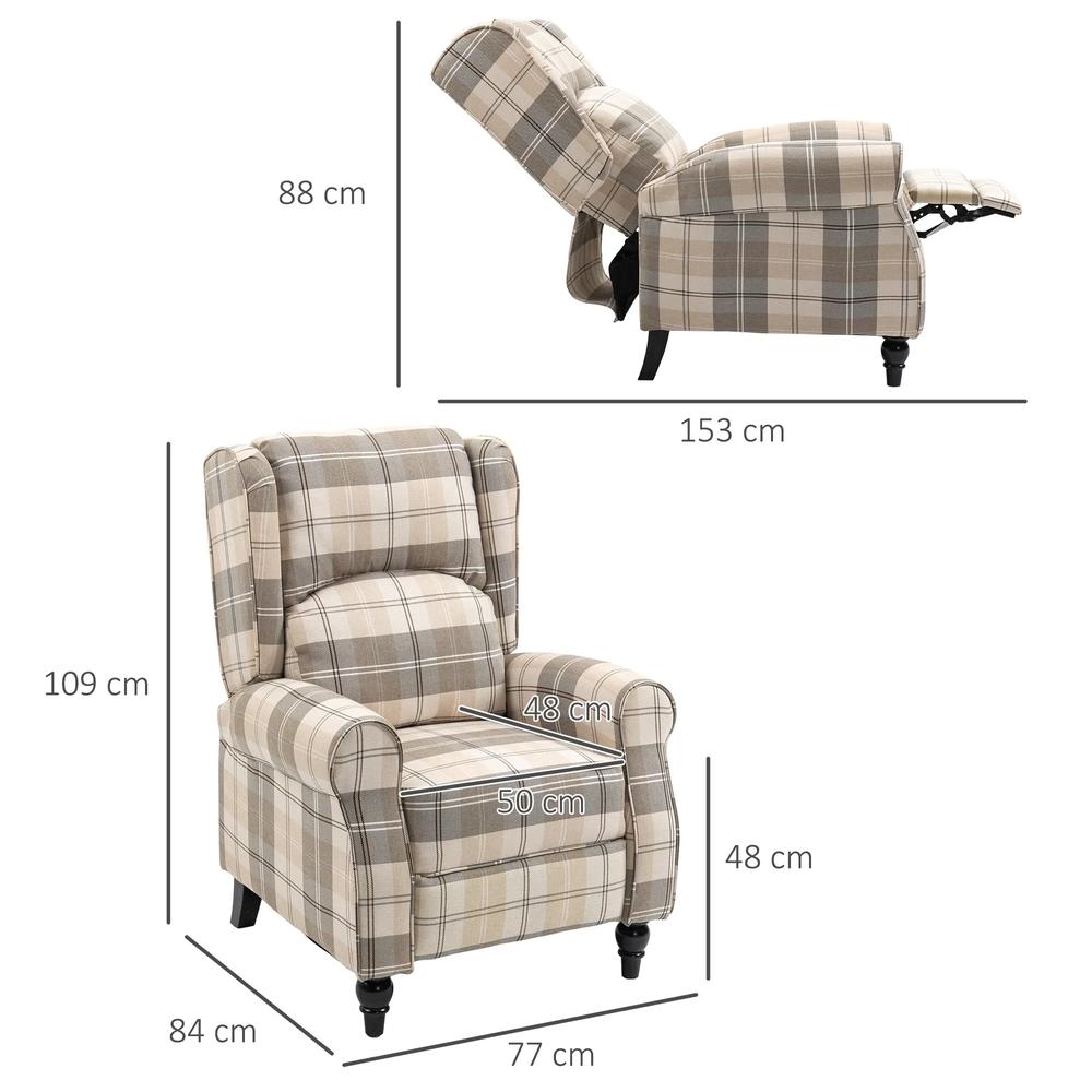 HOMCOM Wingback Recliner Armchair for Living Room, Pushback Reclining Chair with Round Armrests, Footrest and Rubber Wood Legs, Khaki Additional View 3