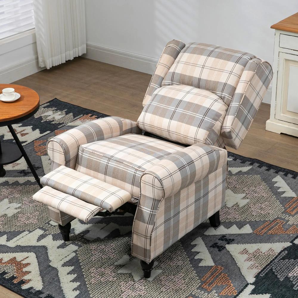 HOMCOM Wingback Recliner Armchair for Living Room, Pushback Reclining Chair with Round Armrests, Footrest and Rubber Wood Legs, Khaki Additional View 8