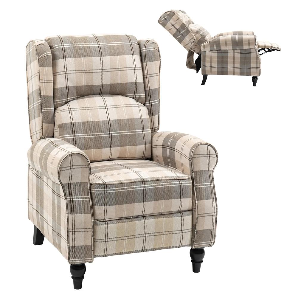 HOMCOM Wingback Recliner Armchair for Living Room, Pushback Reclining Chair with Round Armrests, Footrest and Rubber Wood Legs, Khaki Additional View 10