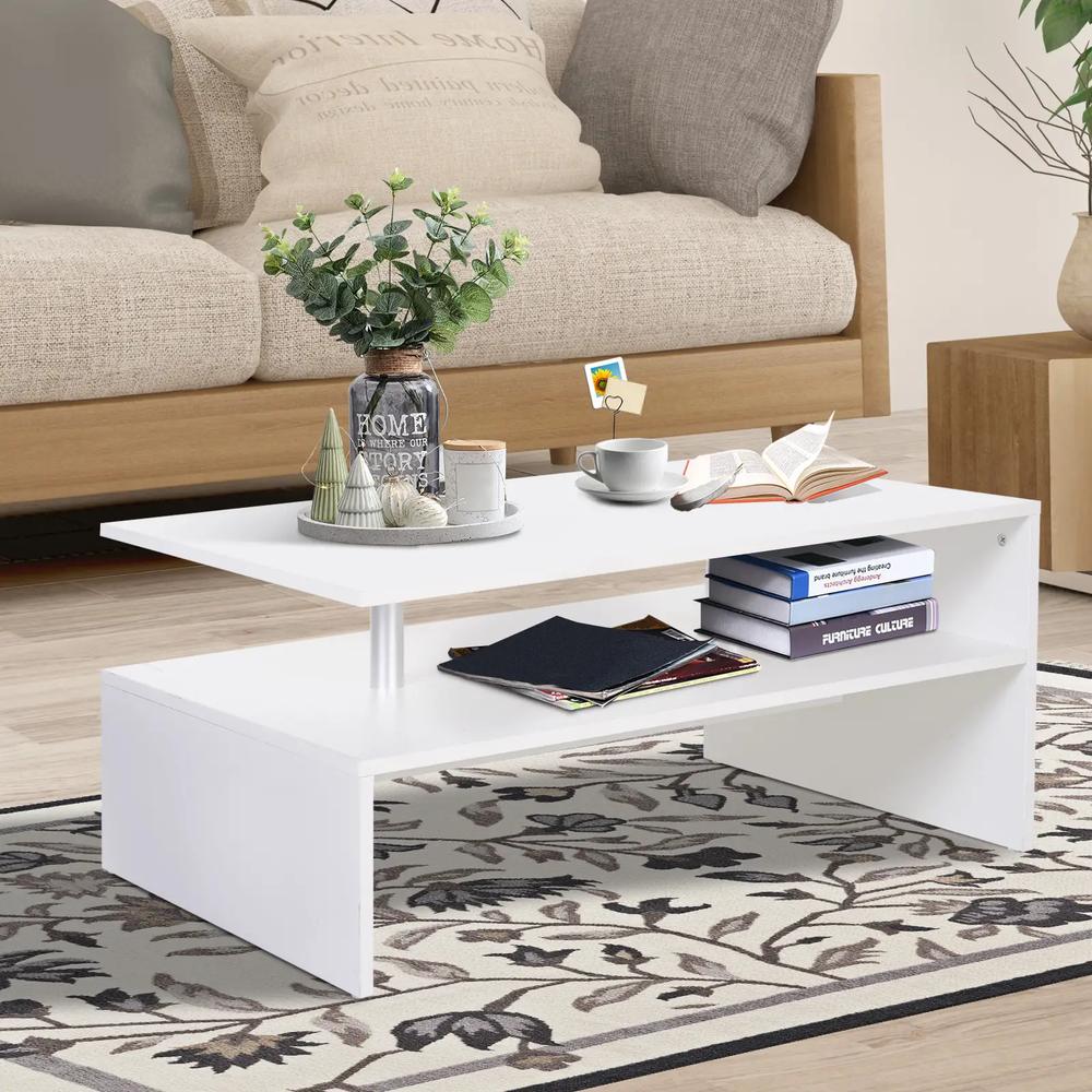 HOMCOM Coffee Table with Storage, 2-Tier Centre Table, Modern Living Room Table with Open Shelf and Aluminium Poles, White Additional View 2