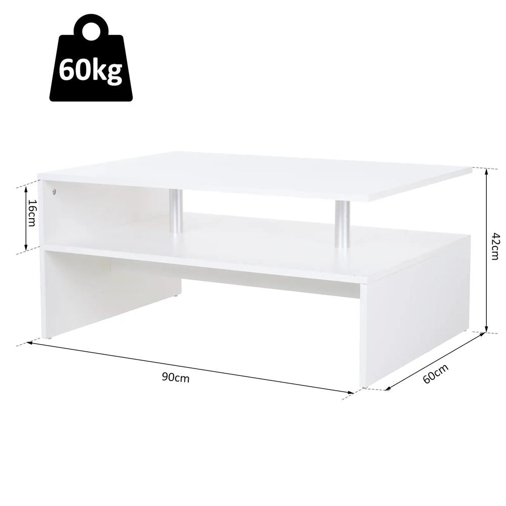 HOMCOM Coffee Table with Storage, 2-Tier Centre Table, Modern Living Room Table with Open Shelf and Aluminium Poles, White Additional View 3