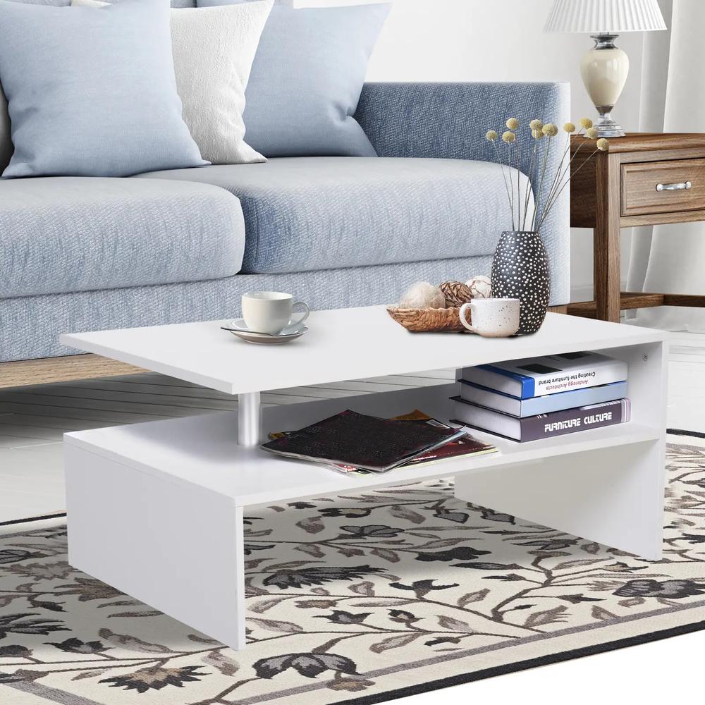 HOMCOM Coffee Table with Storage, 2-Tier Centre Table, Modern Living Room Table with Open Shelf and Aluminium Poles, White Additional View 7