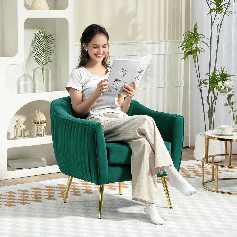 HOMCOM Velvet-Feel Shell Back Accent Chair - Green Additional View 2