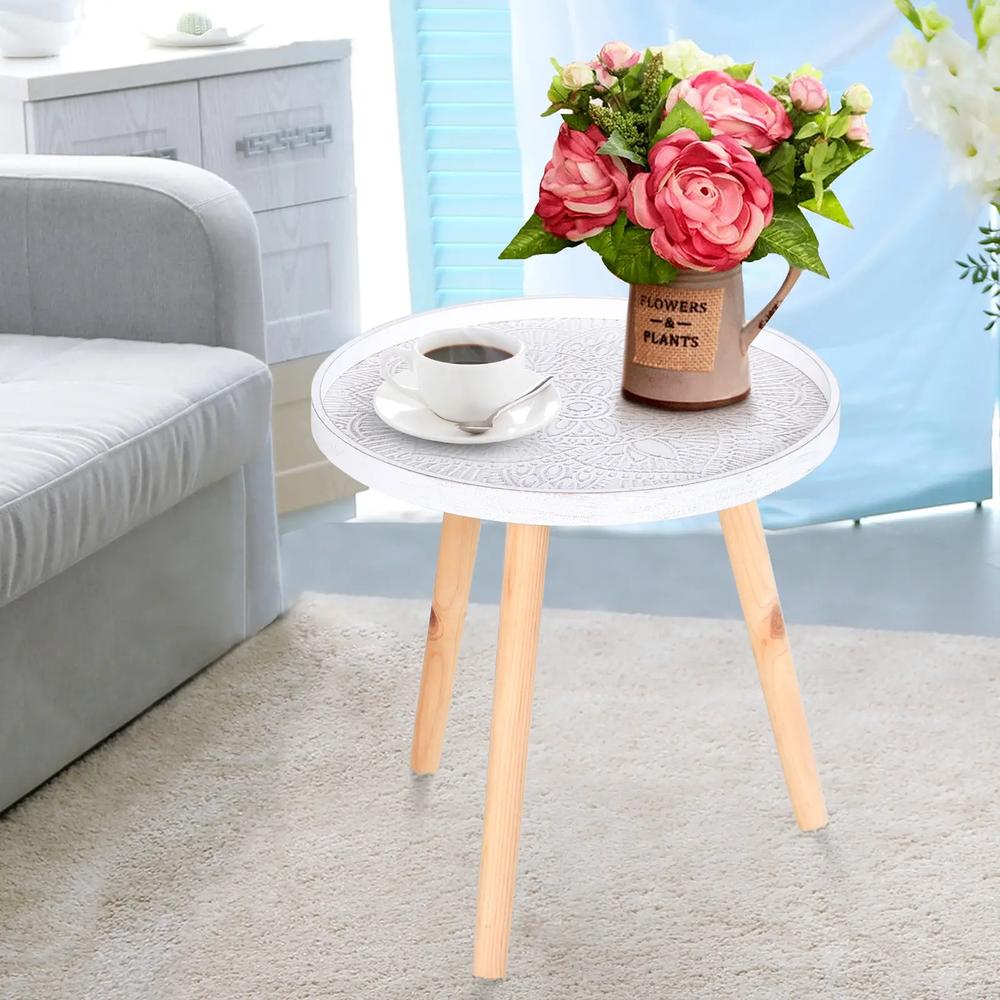 HOMCOM Coffee Table, Carved Floral Round Table with Tray-style Top and Wood Legs, Modern Side Table for Living Room, White Additional View 2