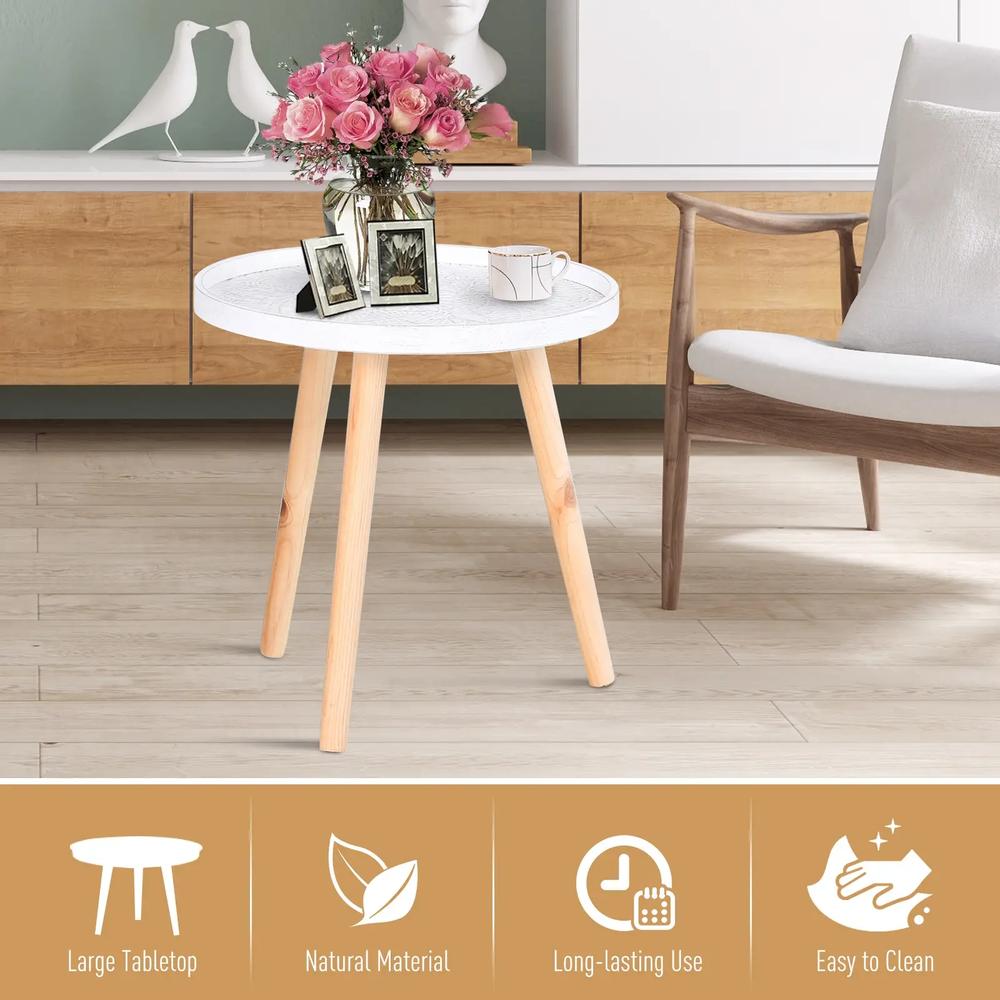 HOMCOM Coffee Table, Carved Floral Round Table with Tray-style Top and Wood Legs, Modern Side Table for Living Room, White Additional View 4