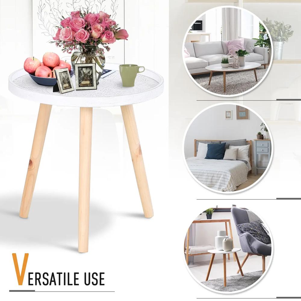 HOMCOM Coffee Table, Carved Floral Round Table with Tray-style Top and Wood Legs, Modern Side Table for Living Room, White Additional View 5