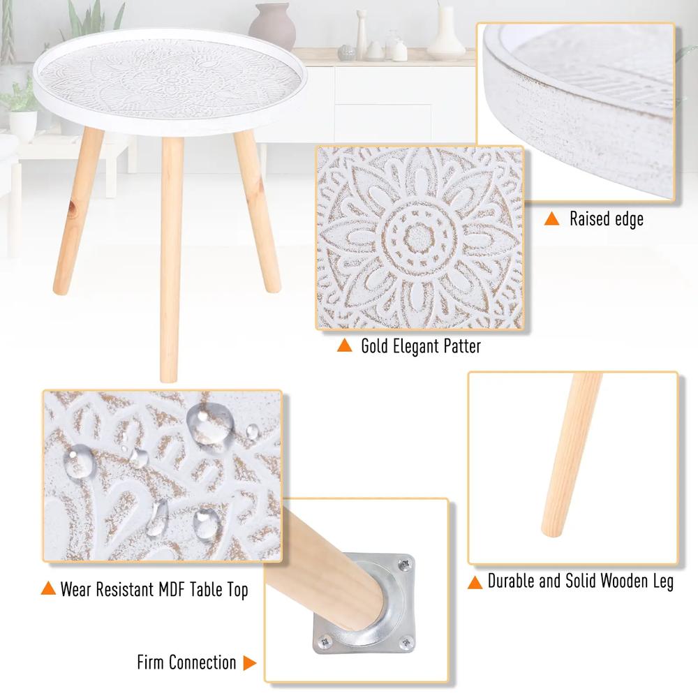 HOMCOM Coffee Table, Carved Floral Round Table with Tray-style Top and Wood Legs, Modern Side Table for Living Room, White Additional View 6