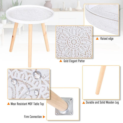 HOMCOM Coffee Table, Carved Floral Round Table with Tray-style Top and Wood Legs, Modern Side Table for Living Room, White Additional View 6