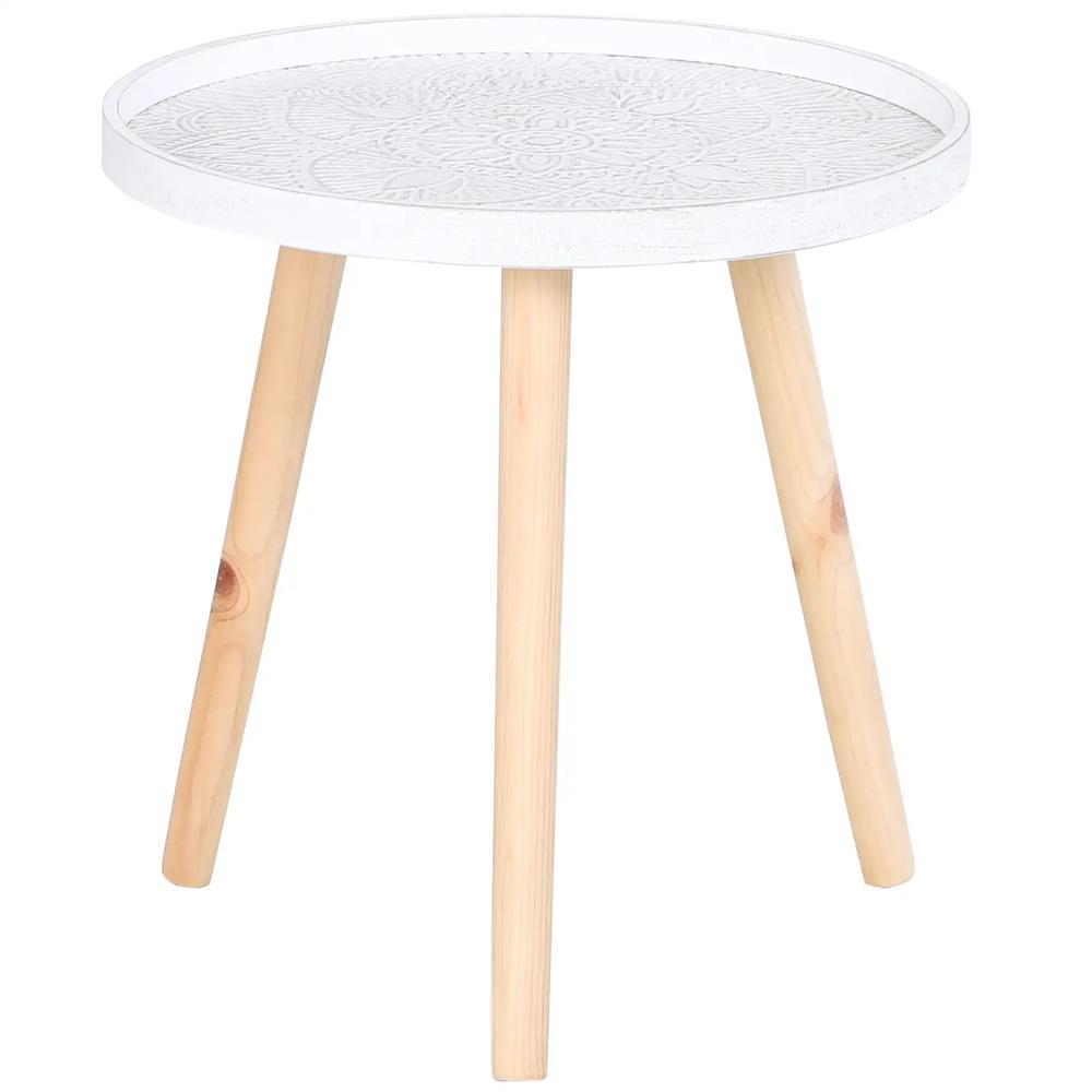 HOMCOM Coffee Table, Carved Floral Round Table with Tray-style Top and Wood Legs, Modern Side Table for Living Room, White Additional View 8