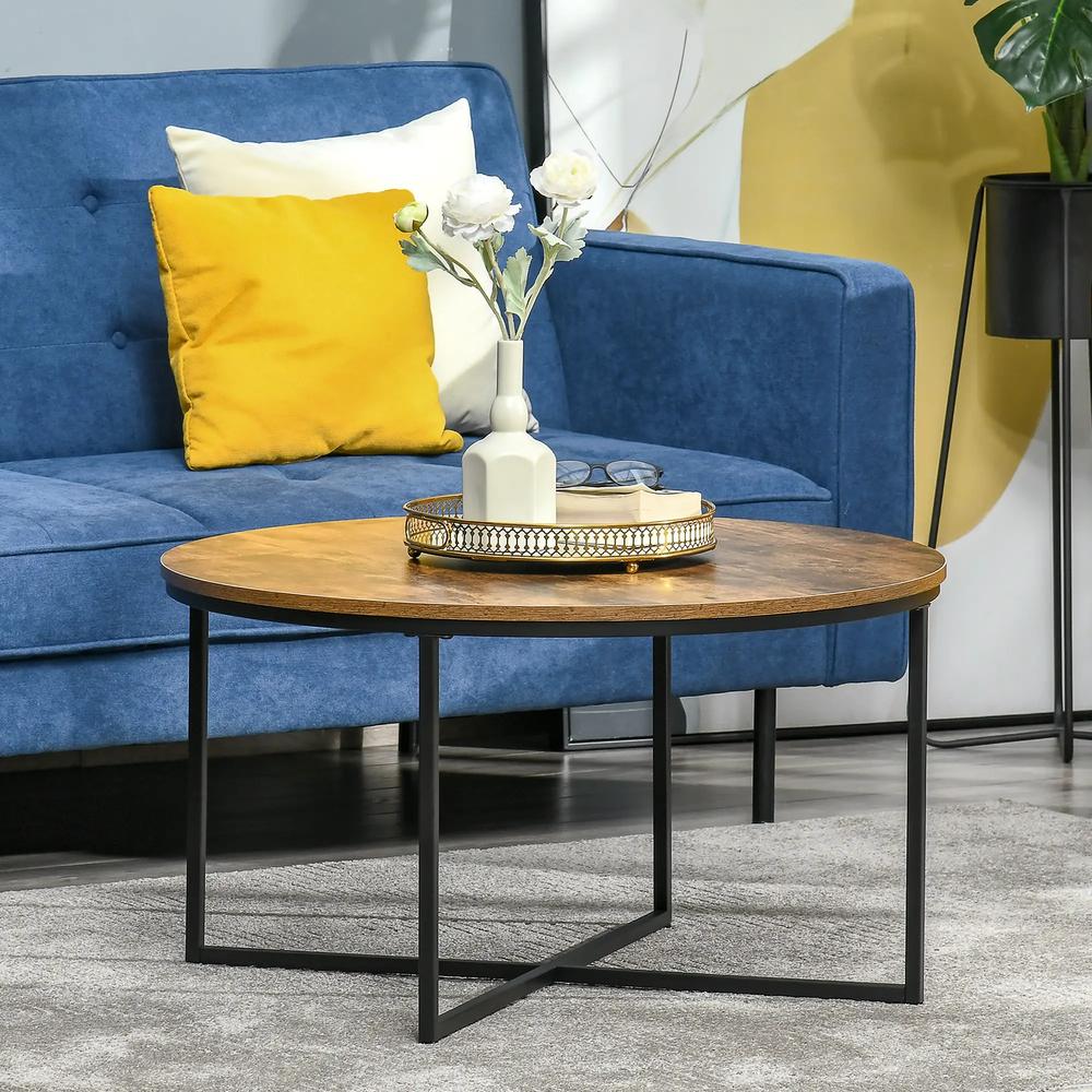 HOMCOM Round Coffee Table, Industrial Side Table with Metal Frame, Large Coffee Tables for Living Room, Bedroom, Rustic Brown Additional View 2