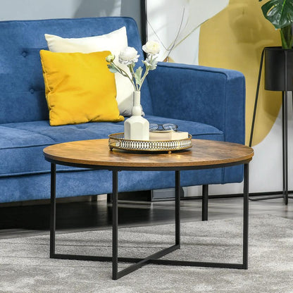 HOMCOM Round Coffee Table, Industrial Side Table with Metal Frame, Large Coffee Tables for Living Room, Bedroom, Rustic Brown Additional View 2
