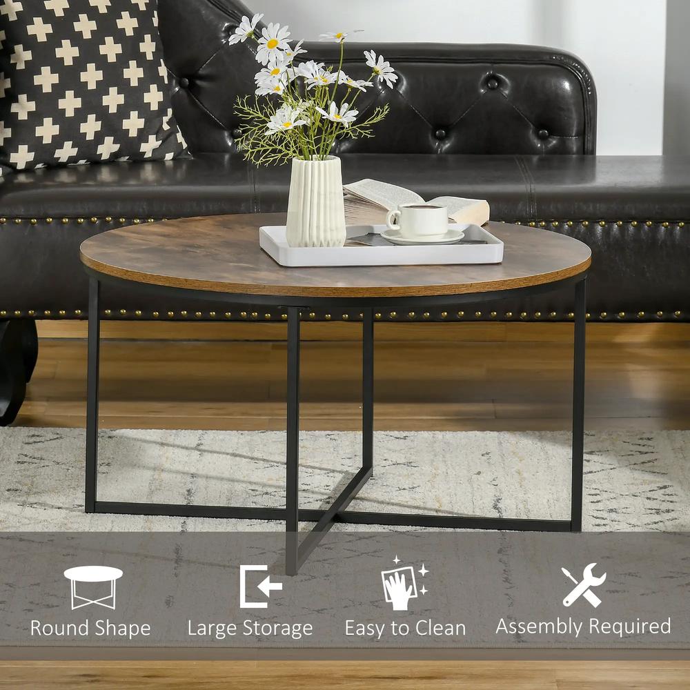 HOMCOM Round Coffee Table, Industrial Side Table with Metal Frame, Large Coffee Tables for Living Room, Bedroom, Rustic Brown Additional View 4