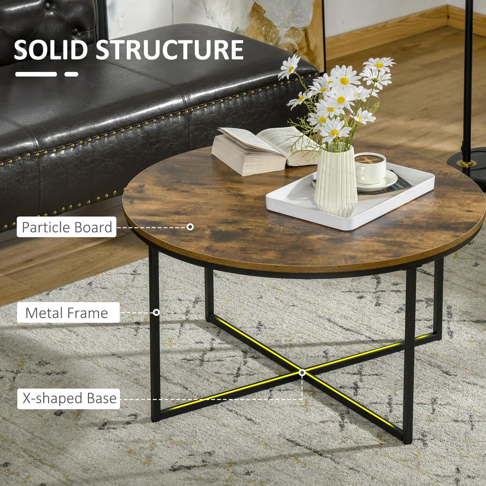 HOMCOM Round Coffee Table, Industrial Side Table with Metal Frame, Large Coffee Tables for Living Room, Bedroom, Rustic Brown Additional View 5