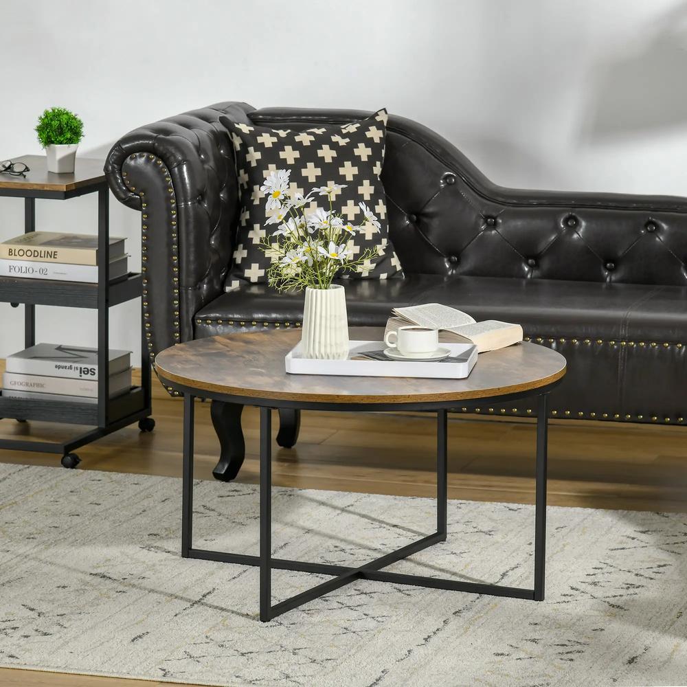 HOMCOM Round Coffee Table, Industrial Side Table with Metal Frame, Large Coffee Tables for Living Room, Bedroom, Rustic Brown Additional View 6