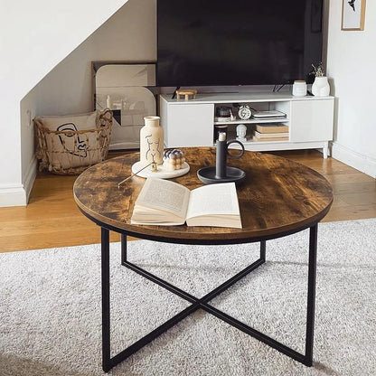 HOMCOM Round Coffee Table, Industrial Side Table with Metal Frame, Large Coffee Tables for Living Room, Bedroom, Rustic Brown Additional View 7