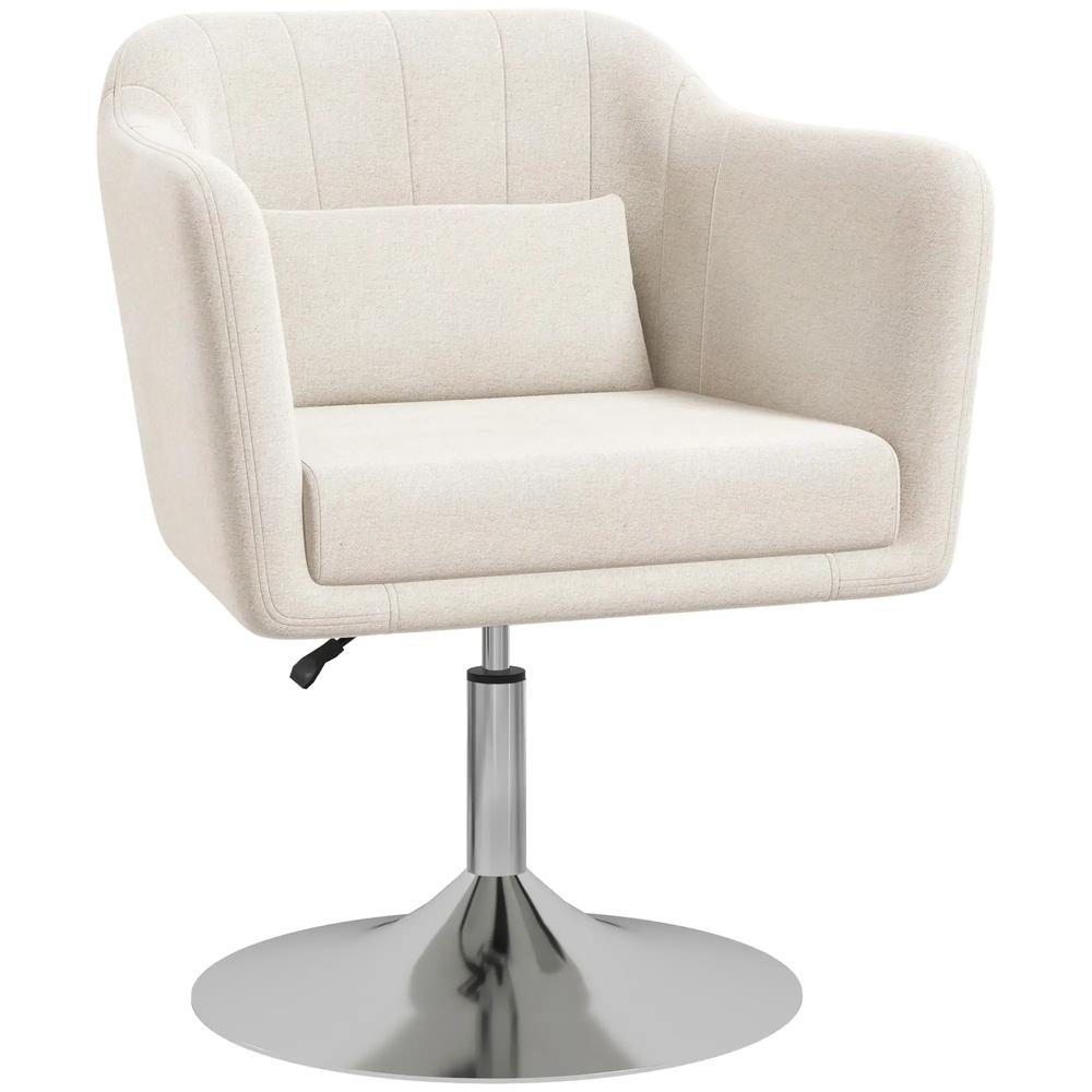 HOMCOM Modern Accent Chair with Swivel Base, Height Adjustable Arm Chair with Pillow for Living Room, Bedroom, Cream White