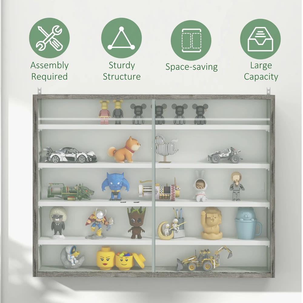 HOMCOM 5-Tier Wall Display Shelf Unit Cabinet w/ 4 Adjustable Shelves Glass Doors Home Office Ornaments 60x80cm Additional View 16