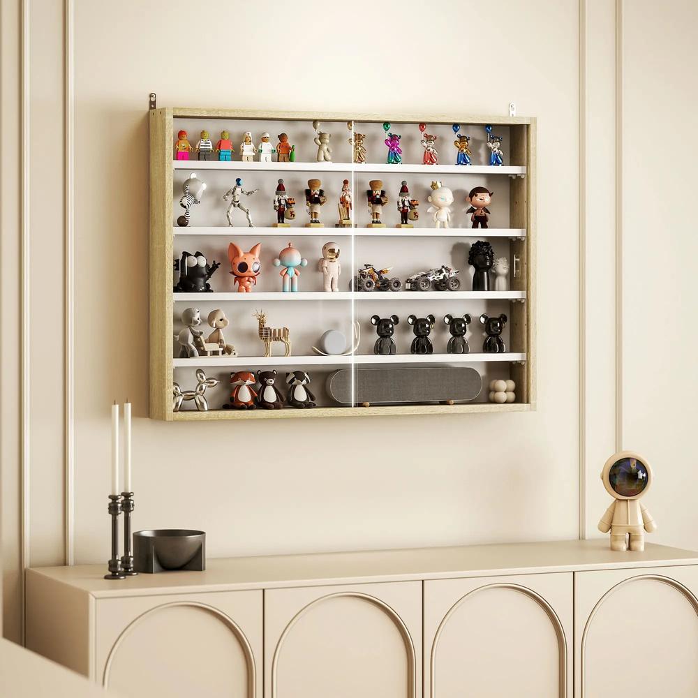 HOMCOM 5-Tier Wall Display Shelf Unit Cabinet w/ 4 Adjustable Shelves Glass Doors Home Office Ornaments 60x80cm Additional View 29