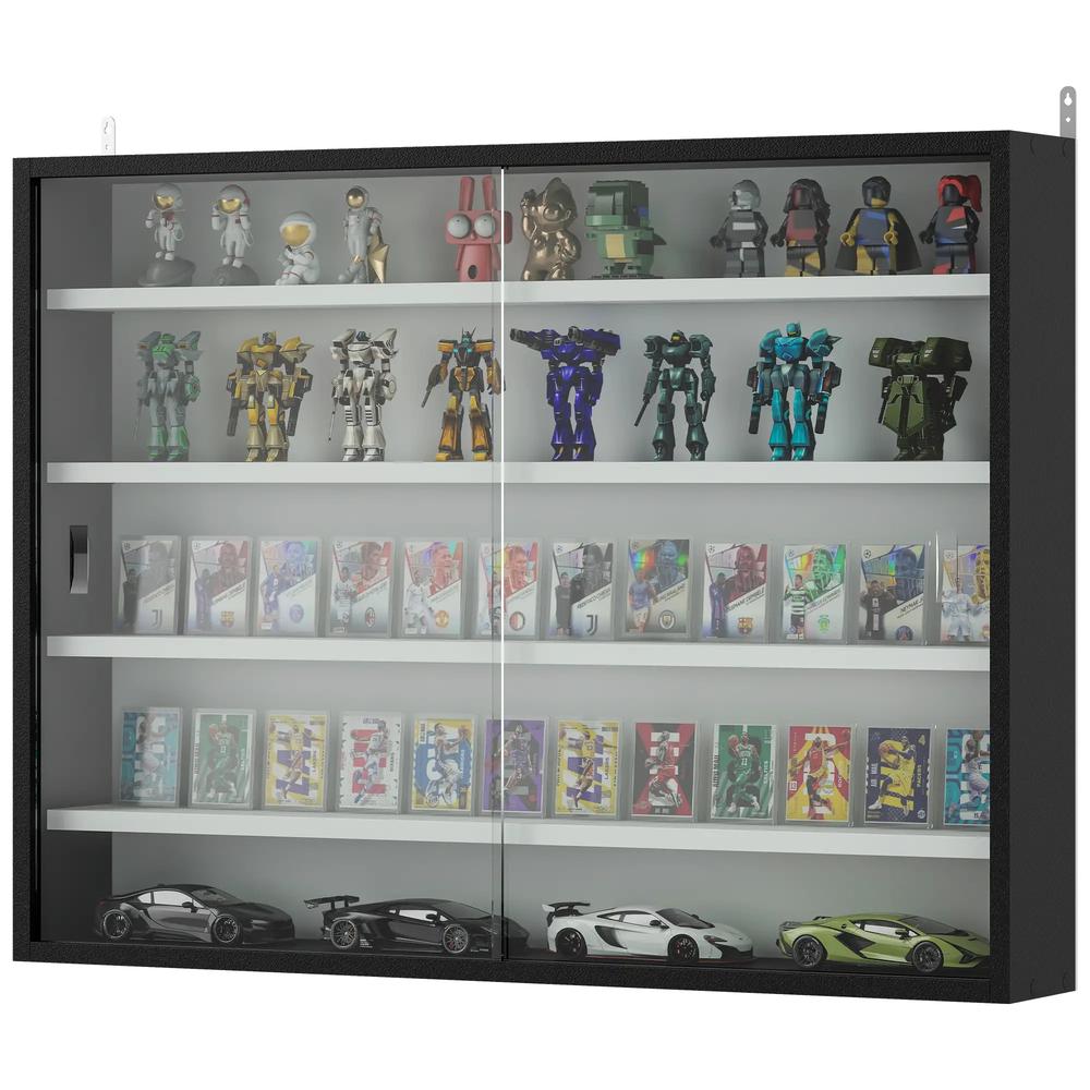 HOMCOM 5-Tier Wall Display Cabinet, Wall Mounted Display Case w/ 4 Adjustable Shelves, Glass Doors, 60x80cm, Black and White Additional View 11