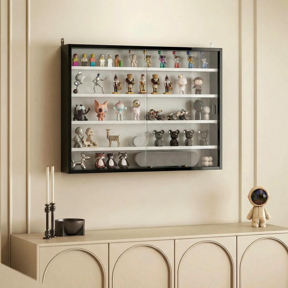 HOMCOM 5-Tier Wall Display Cabinet, Wall Mounted Display Case w/ 4 Adjustable Shelves, Glass Doors, 60x80cm, Black and White Additional View 2