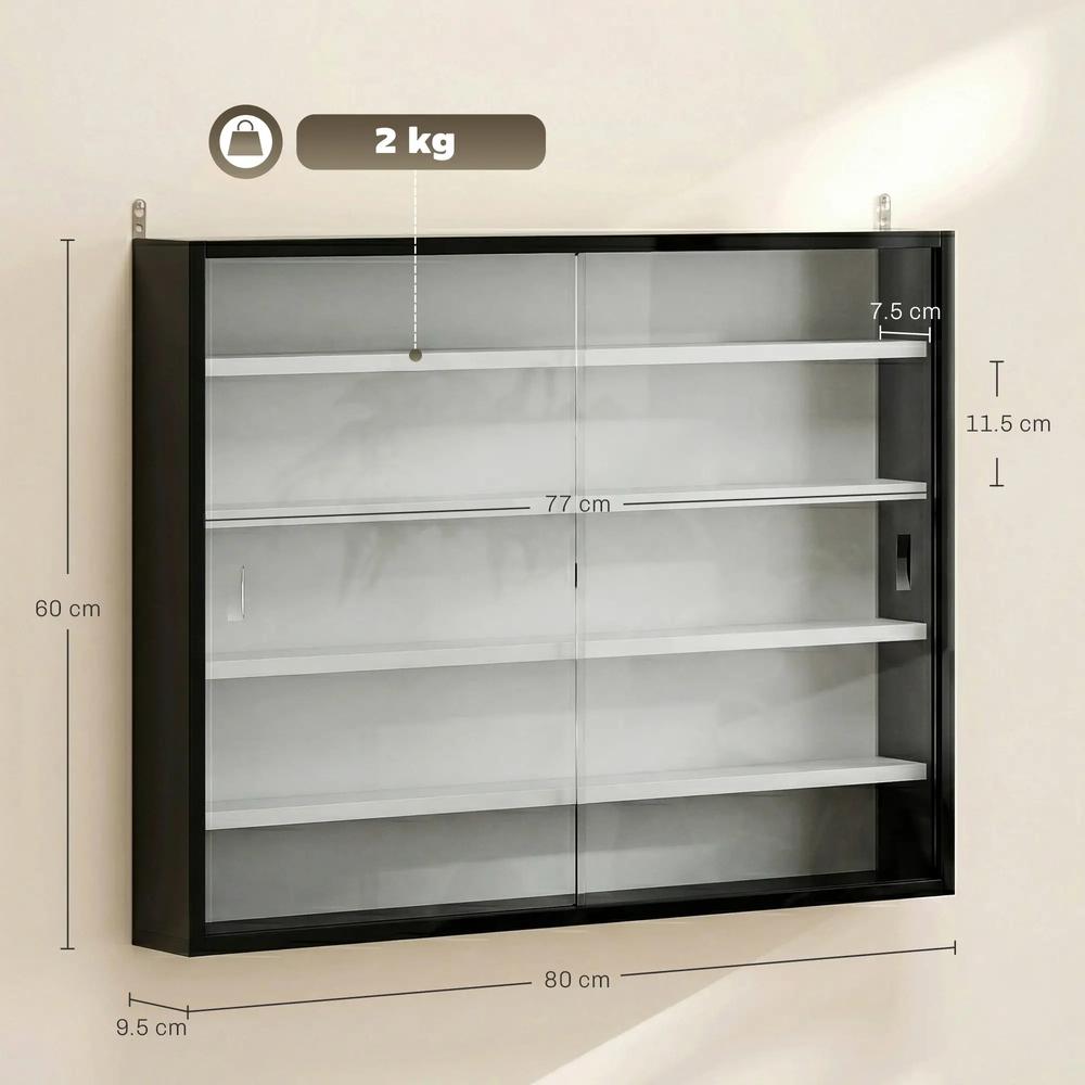 HOMCOM 5-Tier Wall Display Cabinet, Wall Mounted Display Case w/ 4 Adjustable Shelves, Glass Doors, 60x80cm, Black and White Additional View 3