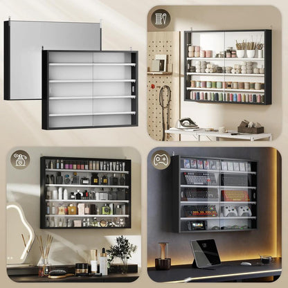 HOMCOM 5-Tier Wall Display Cabinet, Wall Mounted Display Case w/ 4 Adjustable Shelves, Glass Doors, 60x80cm, Black and White Additional View 7