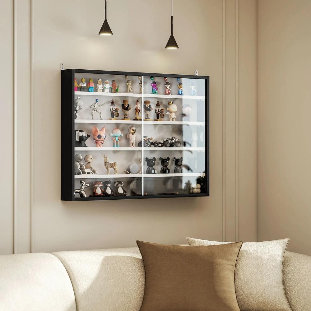 HOMCOM 5-Tier Wall Display Cabinet, Wall Mounted Display Case w/ 4 Adjustable Shelves, Glass Doors, 60x80cm, Black and White Additional View 10