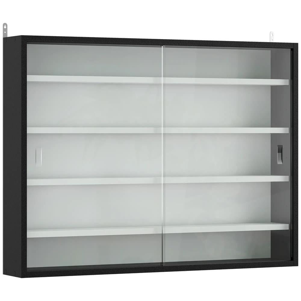 HOMCOM 5-Tier Wall Display Cabinet, Wall Mounted Display Case w/ 4 Adjustable Shelves, Glass Doors, 60x80cm, Black and White