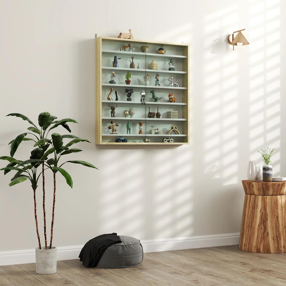 HOMCOM 7-Tier Wall Display Shelf Unit Cabinet w/ 6 Adjustable Shelves Glass Doors Home Office Ornaments 83x80cm, Oak Additional View 2