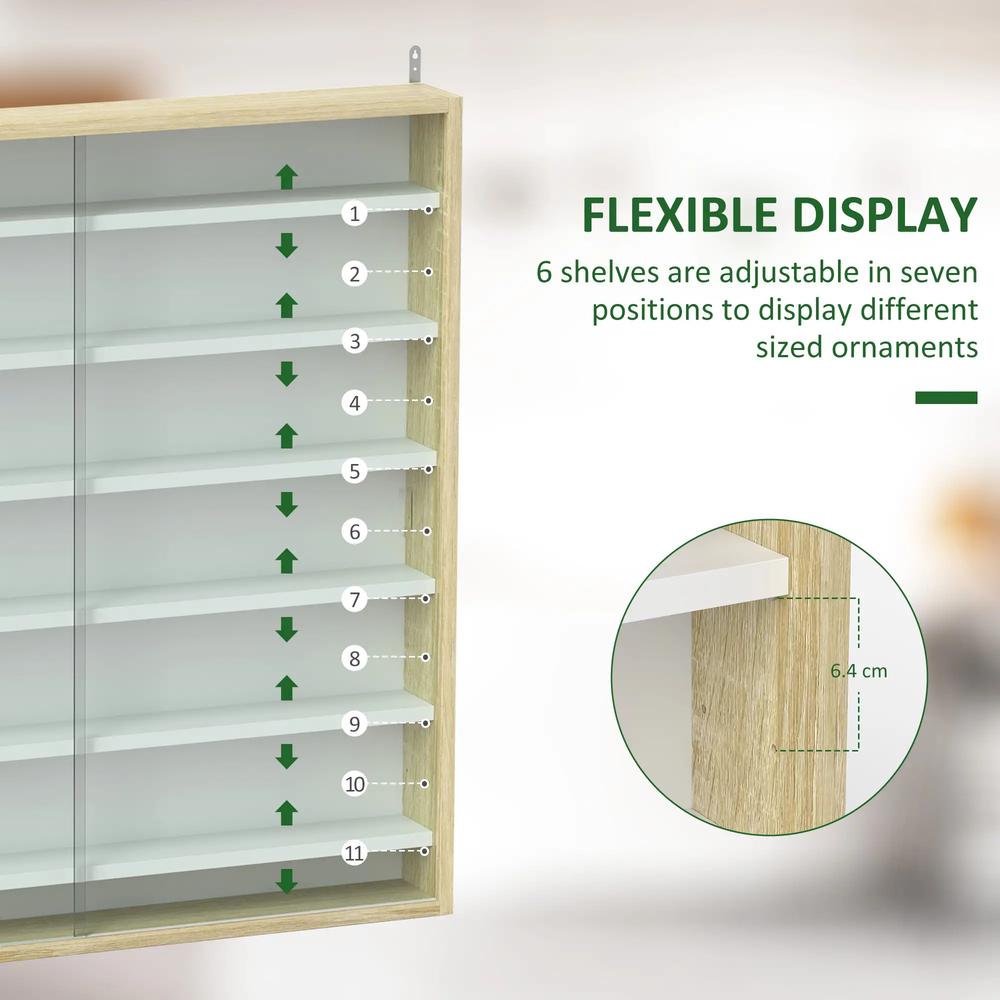 HOMCOM 7-Tier Wall Display Shelf Unit Cabinet w/ 6 Adjustable Shelves Glass Doors Home Office Ornaments 83x80cm, Oak Additional View 4