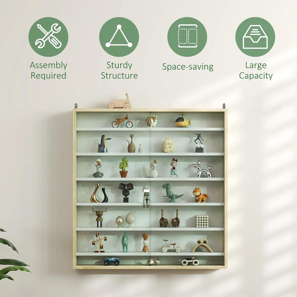 HOMCOM 7-Tier Wall Display Shelf Unit Cabinet w/ 6 Adjustable Shelves Glass Doors Home Office Ornaments 83x80cm, Oak Additional View 6