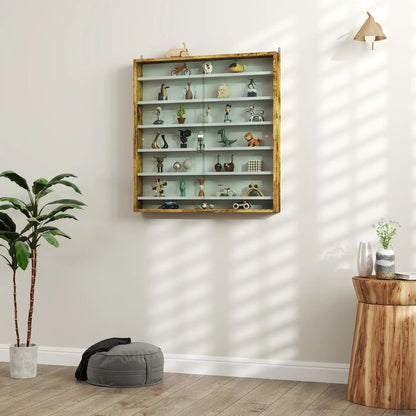 HOMCOM 7-Tier Wall Display Shelf Unit Cabinet w/ 6 Adjustable Shelves Glass Doors Home Office Ornaments 83x80cm, Oak Additional View 7