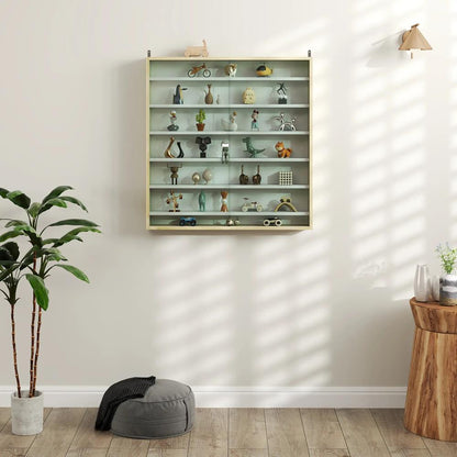 HOMCOM 7-Tier Wall Display Shelf Unit Cabinet w/ 6 Adjustable Shelves Glass Doors Home Office Ornaments 83x80cm, Oak Additional View 9