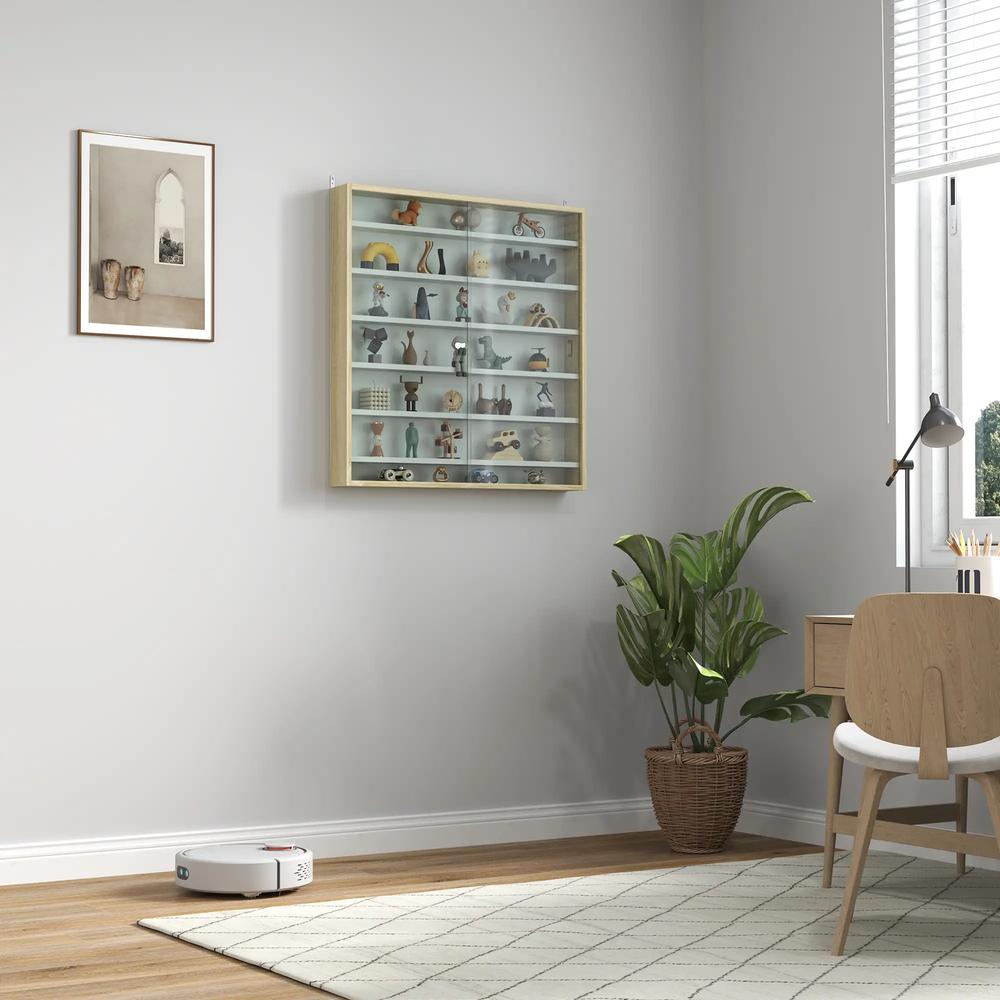 HOMCOM 7-Tier Wall Display Shelf Unit Cabinet w/ 6 Adjustable Shelves Glass Doors Home Office Ornaments 83x80cm, Oak Additional View 10