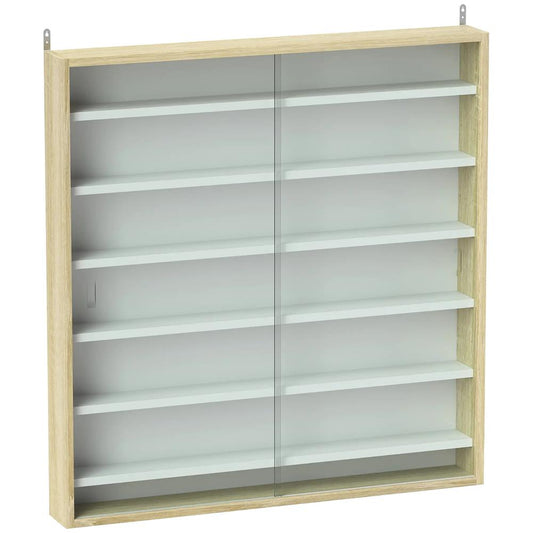 HOMCOM 7-Tier Wall Display Shelf Unit Cabinet w/ 6 Adjustable Shelves Glass Doors Home Office Ornaments 83x80cm, Oak