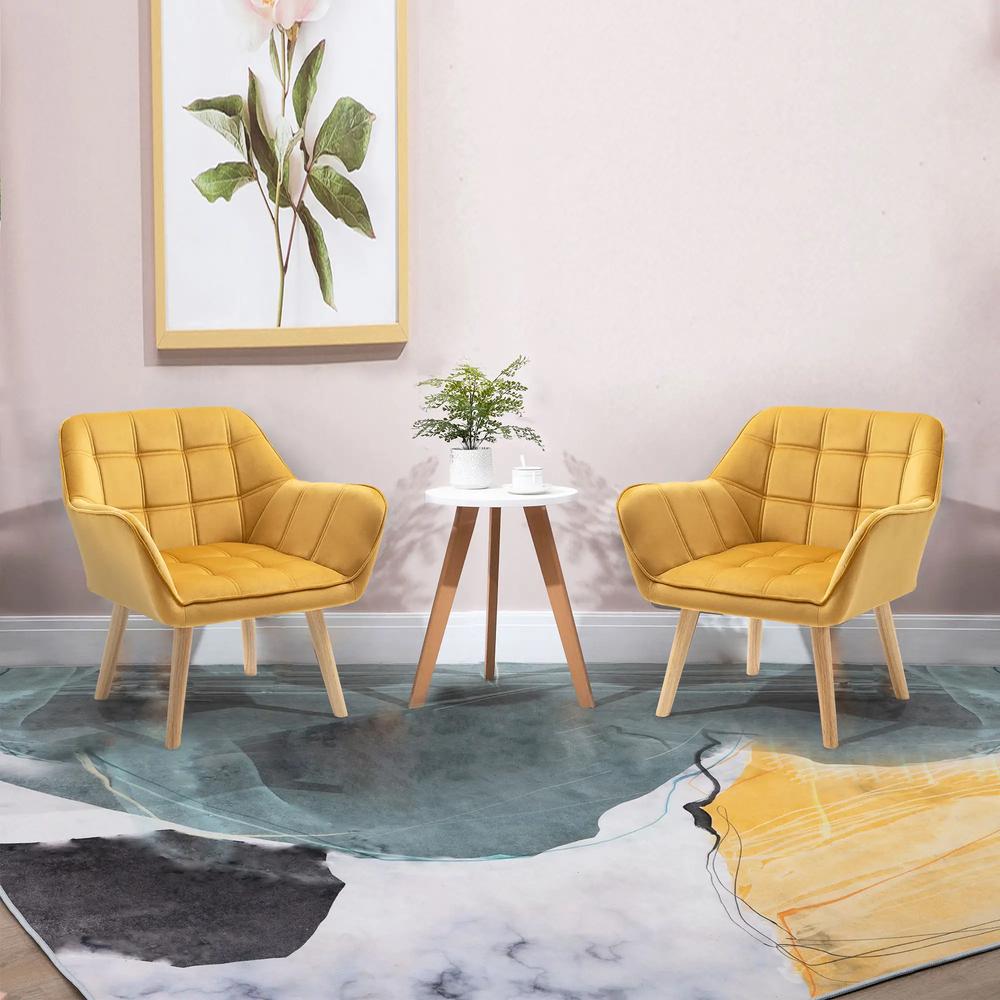 HOMCOM Accent Chair, Velvet Upholstered Vanity Tub Chair with Flared Armrests, Slanted Back, Solid Wood Legs, Comfy Padding Armchair, Home Furniture Seating, Yellow Additional View 2