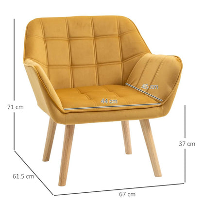 HOMCOM Accent Chair, Velvet Upholstered Vanity Tub Chair with Flared Armrests, Slanted Back, Solid Wood Legs, Comfy Padding Armchair, Home Furniture Seating, Yellow Additional View 3