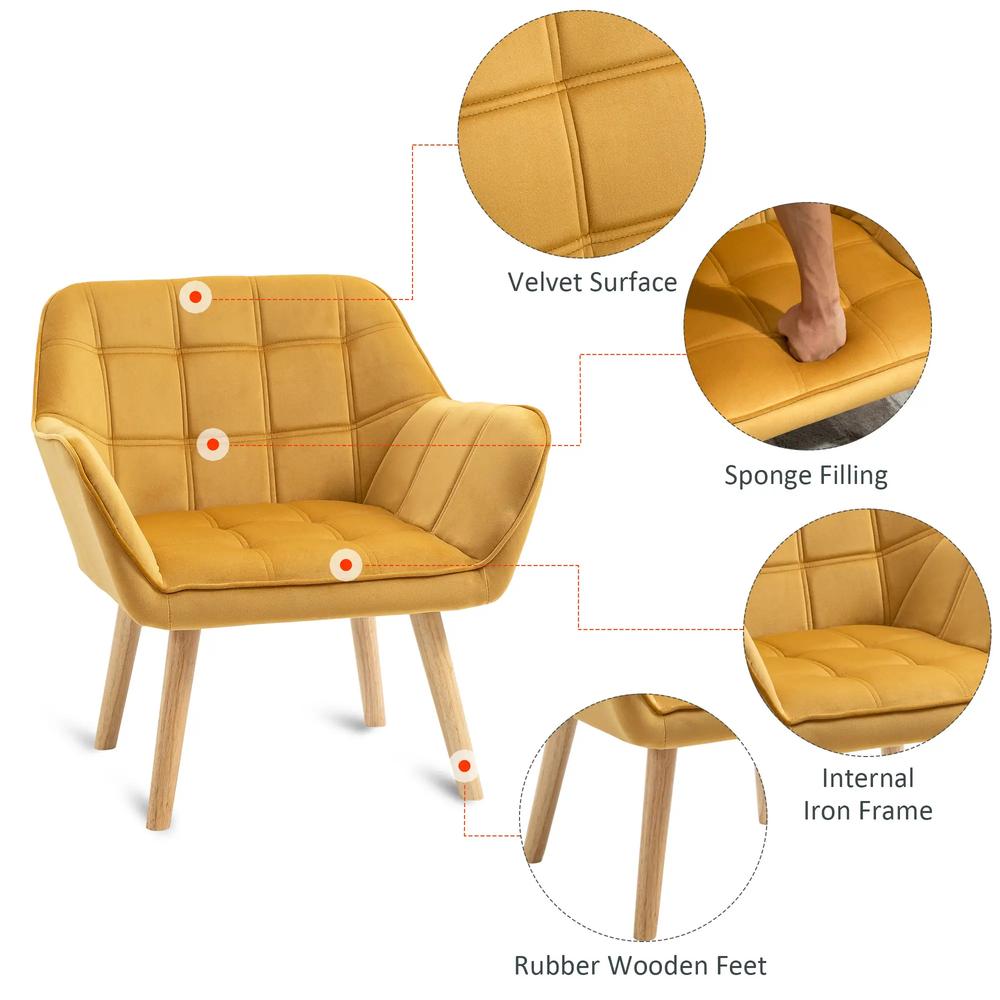 HOMCOM Accent Chair, Velvet Upholstered Vanity Tub Chair with Flared Armrests, Slanted Back, Solid Wood Legs, Comfy Padding Armchair, Home Furniture Seating, Yellow Additional View 4