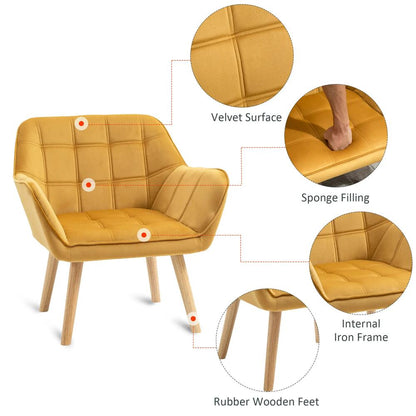 HOMCOM Accent Chair, Velvet Upholstered Vanity Tub Chair with Flared Armrests, Slanted Back, Solid Wood Legs, Comfy Padding Armchair, Home Furniture Seating, Yellow Additional View 4