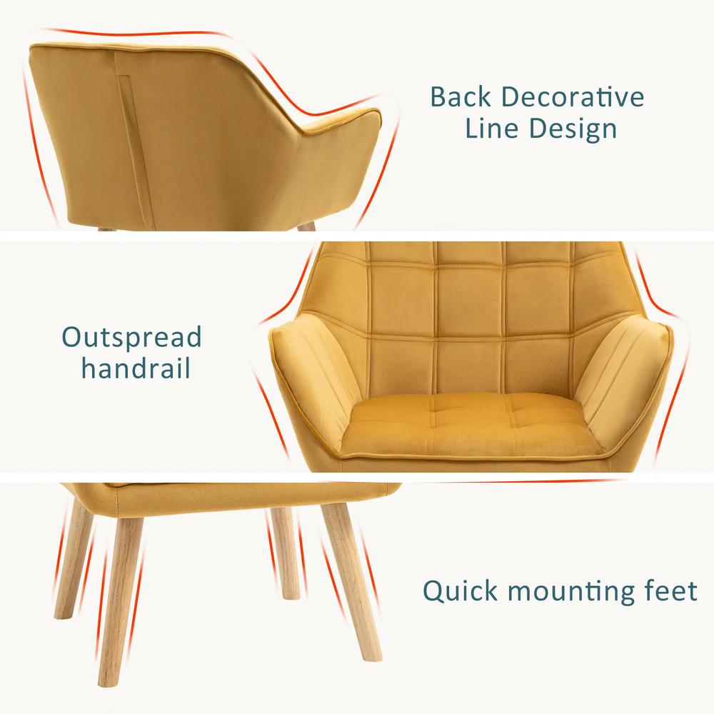 HOMCOM Accent Chair, Velvet Upholstered Vanity Tub Chair with Flared Armrests, Slanted Back, Solid Wood Legs, Comfy Padding Armchair, Home Furniture Seating, Yellow Additional View 5