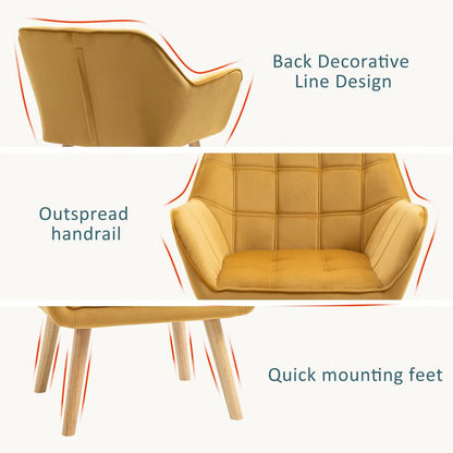 HOMCOM Accent Chair, Velvet Upholstered Vanity Tub Chair with Flared Armrests, Slanted Back, Solid Wood Legs, Comfy Padding Armchair, Home Furniture Seating, Yellow Additional View 5
