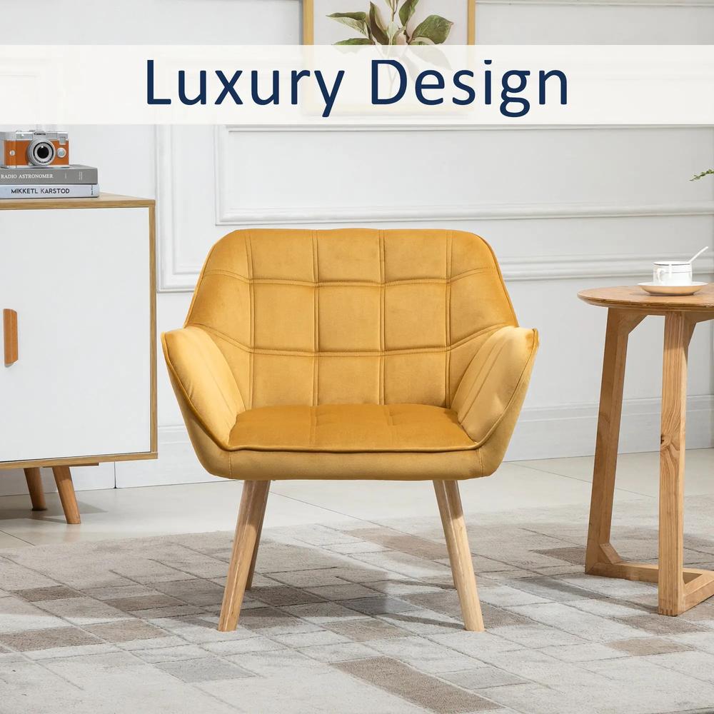 HOMCOM Accent Chair, Velvet Upholstered Vanity Tub Chair with Flared Armrests, Slanted Back, Solid Wood Legs, Comfy Padding Armchair, Home Furniture Seating, Yellow Additional View 6